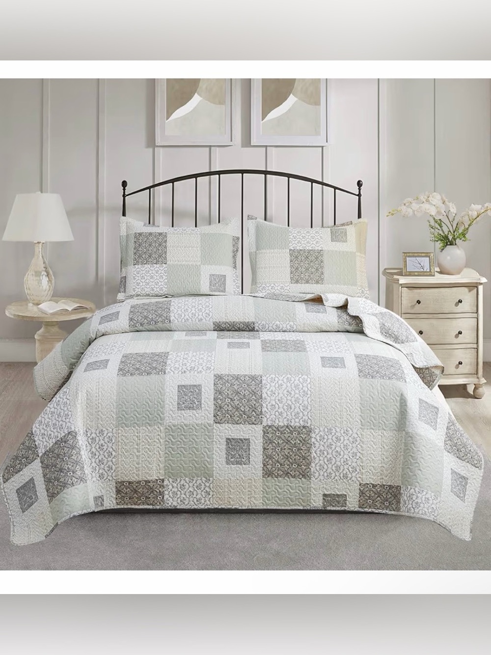 3-Piece Plaid Quilt Set Twin Size, Lightweight Gray Floral Patchwork